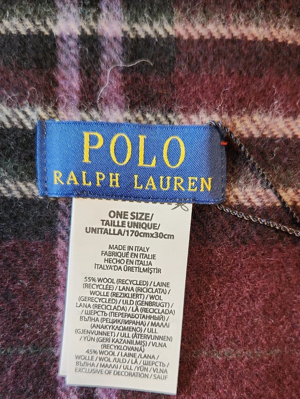 Polo by Ralph Lauren Burgundy, Green & Purple Plaid Wool Fringe Scarf